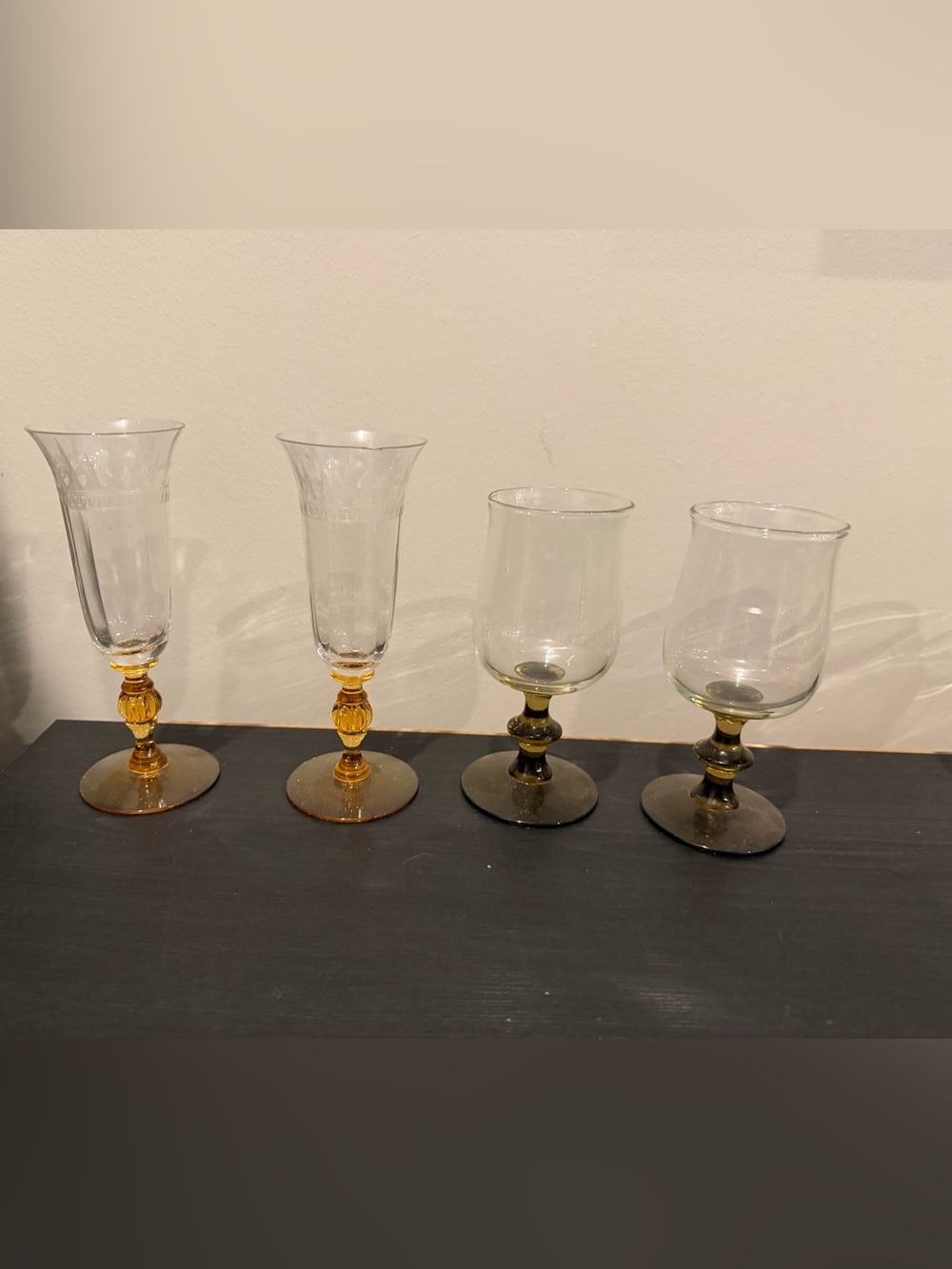Set of Decorative Stemmed Glasses in Amber and Smoke